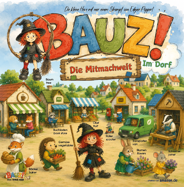 Bauz im Dorf – Übersicht mit vielen Tieren und Geschäften