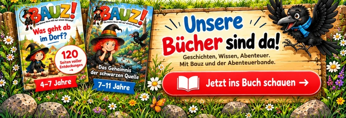 BAUZ!-Bücher im blühenden Mittelwald mit Holztafel und rotem Button: Jetzt ins Buch schauen